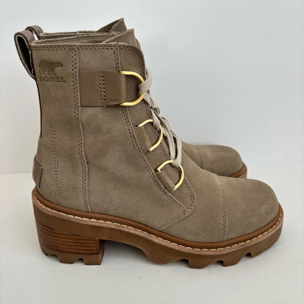 Sorel Joan Now Lace Up Suede Taupe Lug Sole Heeled Boots 7 - Picture 8 of 14